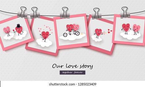 Love story in hanging on the rope photographs of a pair of lovely lovers animated hearts. Vector illustration suitable for Valentine's Day, Wedding, Engagement