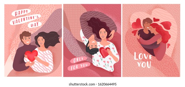 Love story of happy romantic couple relationship. Valentines Day cute greeting card or poster with hand lettering typography. Flyers, invitation, brochure. Vector design concept. Cartoon