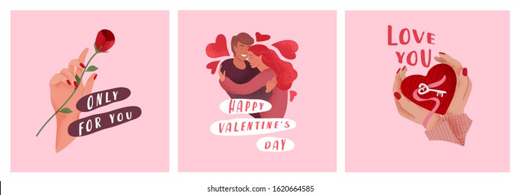 Love story of happy romantic couple. Valentines Day cute greeting card or poster. Female Hand with rose, hands with key of heart. Flyers, invitation, brochure. Vector design concept. Cartoon
