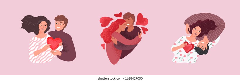 Love story of happy romantic couple in love. Happy relationship. Valentines Day cute greeting elements set for card or poster. Flyers, invitation, brochure. Vector design concept. Cartoon