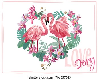 Love story. Lovely flamingo. Beautiful vector illustration of love birds flamingos