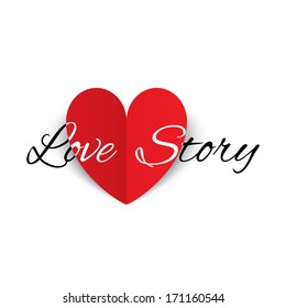 Love story paper heart sign. Red paper heart Valentines day card. Vector illustration