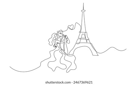 love story in paris.one line drawing of a man and a bride and groom dancing in front of the eiffel tower.line art of a paris wedding