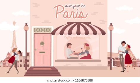 Love story in Paris with a lover couple. Romantic poster, Love you card or wedding invitation. Editable vector illustration