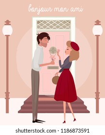 Love story in Paris with a lover couple. Romantic poster, Love you card or wedding invitation. Editable vector illustration