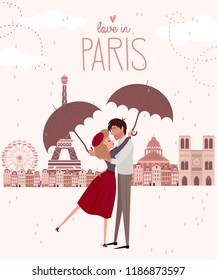 Love story in Paris with a lover couple. Romantic poster, Love you card or wedding invitation. Editable vector illustration