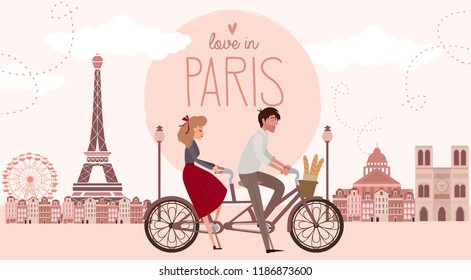 Love story in Paris with a lover couple riding a bicycle. Romantic poster, Love you card or wedding invitation. Editable vector illustration