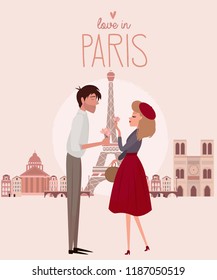 Love story in Paris with a lover couple. Romantic poster, Love you card or wedding invitation. Editable vector illustration