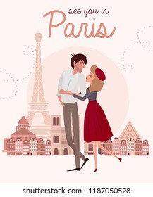 Love story in Paris with a lover couple. Romantic poster, Love you card or wedding invitation. Editable vector illustration