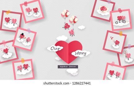 Love story in photo 3d paper cut animated couples of loving hearts soaring in the clouds Funny symbols of lovers in different romantic situations Vector illustration