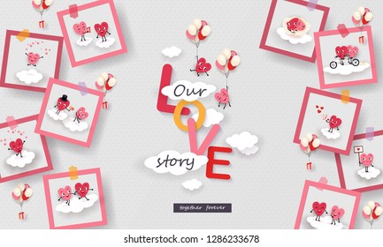 Love story in photo 3d paper cut animated couples of loving hearts soaring in the clouds Funny symbols of lovers in different romantic situations Vector illustration