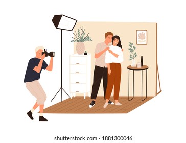 Love story photoshoot session. Family photographer taking pictures or shooting posing couple in photo studio interior with professional light. Flat vector illustration isolated on white background