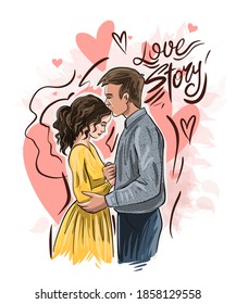 Love story print with a lover couple. Romantic poster, Love you card or wedding invitation. Editable vector illustration EPS 10