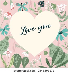 Amor, história de amor, relacionamento. Projeto vetorial para o Dia dos Namorados. Floral, fundo botânico, vetor desenhado à mão.
