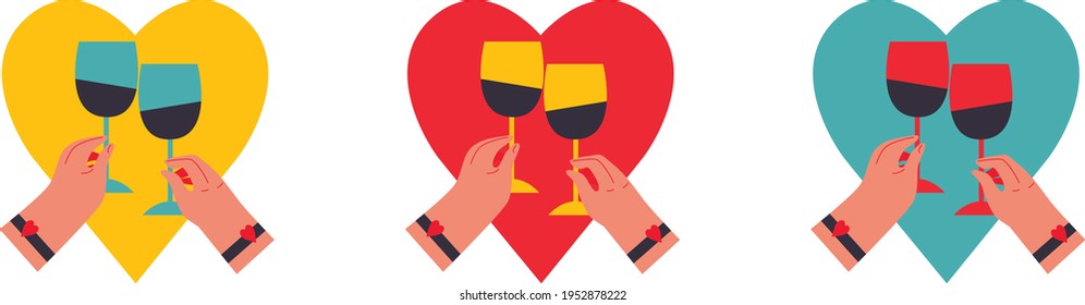 Love, love story, relationships. Vector design concept for Valentine's Day. Hands holding wine vector flat illustration.