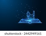 Love story, romance novel, fiction literature futuristic concept with couple silhouette on open book in glowing low polygonal style on dark blue background. Modern abstract design vector illustration