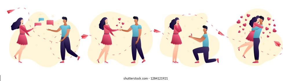 Love story romantic couple illustration in flat cartoon style. Modern tiny people creative concept on color background with decorative elements. Abstract vector characters for web page and app design