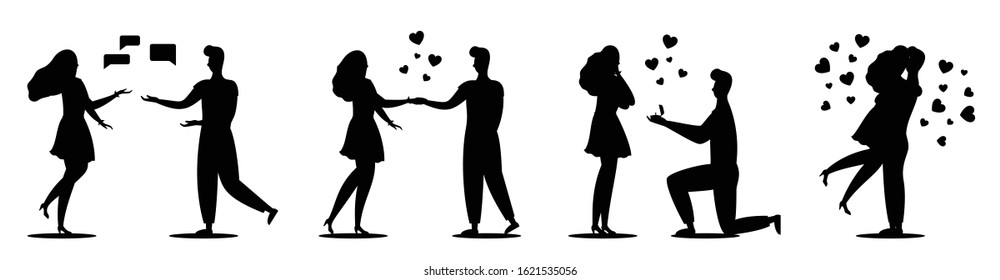 Love story, romantic couple set. Abstract characters, glyph style. Acquaintance, fall in love, proposal to married, wedding. Bride and groom, newlyweds silhouette. Valentines day vector illustration