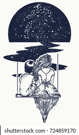 Love story tattoo and t-shirt design. Girl and boy on swing. Symbol of romantic, dream, motivation, adventure. People in universe 