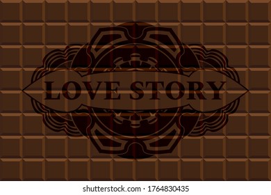 Love Story text inside chocolate bar realistic emblem. Brown fashionable background. Illustration. 