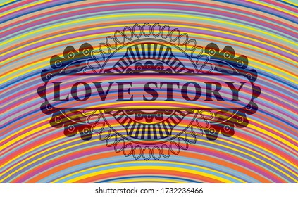 Love Story text inside colorful emblem. Showy fancy background. Artistic illustration. 