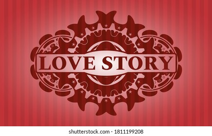 Texto de la historia de amor dentro del emblema realista rojo. Fondo elegante de las barras. Ilustración. 