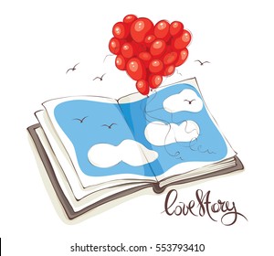 Love story, Valentine's card / Heart made of balloons flying out of the book or album