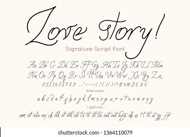 Love story vector font  and alphabet. Vintage letters and numbers for fashion and wedding Invitation, card, banner