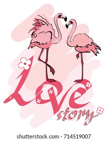 Love story. Vector illustration of pink flamingos. A pair of tropical and exotic birds.