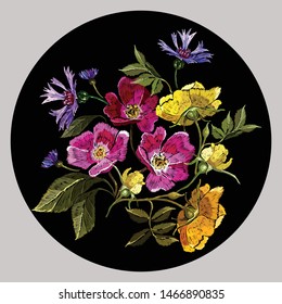 Love story. Wildflowers. Patterns for fabric embroidery. Stylish, bold, beautiful. A bouquet of flowers as a gift for loved ones.