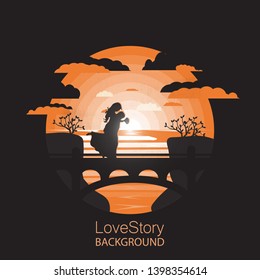 Love story.Silhouette happy couple hugging on the bridge.Sunset.Negative space illustration