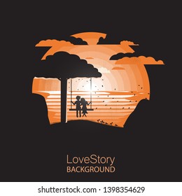 Love story.Silhouette happy couple sitting on swing.Sunset.Negative space illustration
