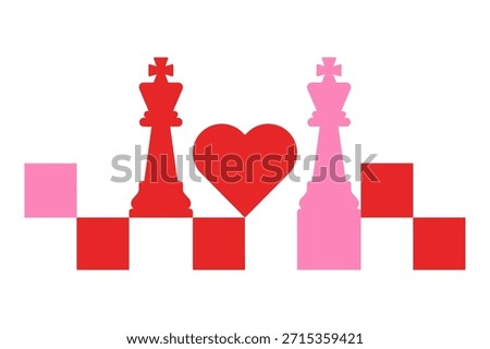 Love and strategy, two chess kings, red and pink, on a checkerboard with a red heart, symbolizing love game
