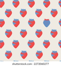 I love strawberries. Seamless pattern for websites and print. Trendy cute red strawberry on a beige background. The concept of love and Valentine's day. Hand drawing for greeting cards, print.