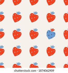 Love strawberries Valentine's day pattern design for web and print. Trendy cute red strawberries on a beige background. Love and Valentine's day concept. Hand drawn designs for greeting cards, print.
