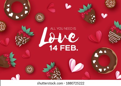 Love Strawberry and Chocolate, Donut. Valentines Day Greeting Card. Hearts paper cut style. Sweet dessert, choco candy. Happy Romantic holidays. Space for text. February 14. Red.