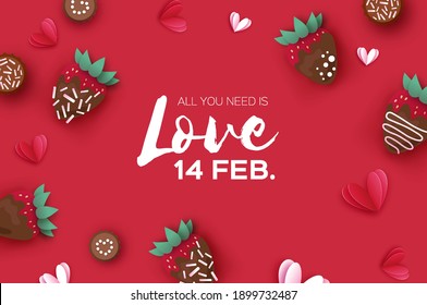 Amo la fresa y el chocolate. Tarjeta de felicitación de San Valentín. Estilo de corte de papel del corazón. postre dulce, choco dulce. Felices fiestas románticas. Espacio para texto. 14 de febrero. Fondo rojo.