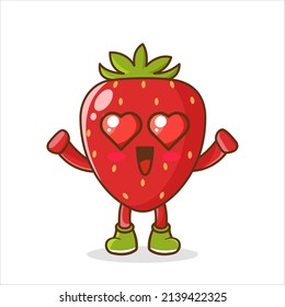 In love strawberry fruit icon cartoon isolated on white. Smiling funny strawberry with eye hearts, smiley in love. Cute cartoon emoji character vector Illustration