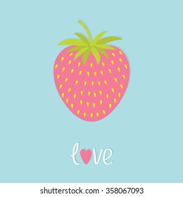 Love strawberry and leaf. Flat design Happy Valentines day card. Blue background. Vector illustration