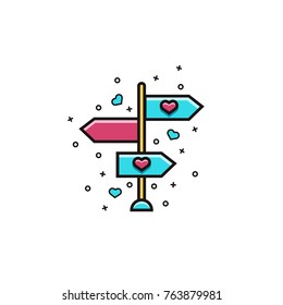 Love street sign with arrows pointing in both directions - flat color line icon on isolated background. Valentine's Day, wedding, marriage, engagement vector template.