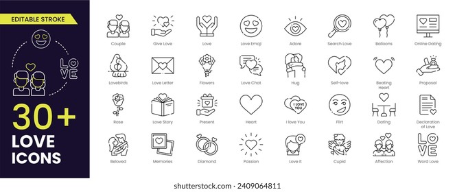 Love stroke icon set. Containing heart, couple, cupid, passion, valentine, Love Emoji, Beating Heart, Affection, Love Story, Hug, dating icons. Outline icon. Editable Stroke icon collection.