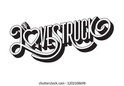 Love Struck 3D typographic illustration with arrow through heart.
Ornate hand-drawn vector illustration of the word lovestruck with swashes and three dimensional extruded look.