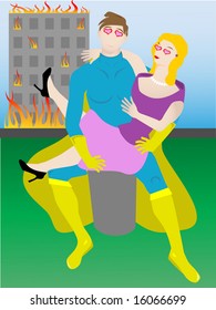 Love struck superhero holding woman missing disaster