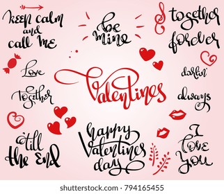 Love and St.Valentine themed vector hand written lettering set