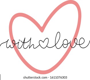 with love in the style of black minimalistic lettering, handwritten, on the background of a red heart. for Valentine's day, family day. logo on a postcard, t-shirt design, print, vector, sti
