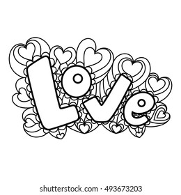 Love in the style of doodle, zentangle. Black linear floral pattern with hearts on a white background. Valentine's Day. Vector illustration