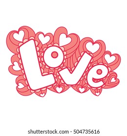 Love in the style of Doodle, zentangle. Cartoon pink floral pattern with hearts on a white background. Valentine's Day. Vector illustration