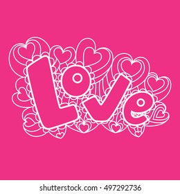 Love in the style of Doodle, zentangle. Linear floral pattern with hearts on a pink background. Valentine's Day. Vector illustration