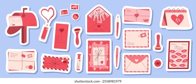 Love style letter and postcard sticker set, modern romantic mail and envelope collection, cartoon craft elements for romance poster, flyer or background, flat postcard concept with heart and lips