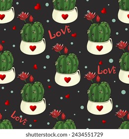 Love for succulents fashion seamless illustration. Fashionable stylish pattern cactus, heart. Print for wrapping paper. textiles, preparation for designers. 